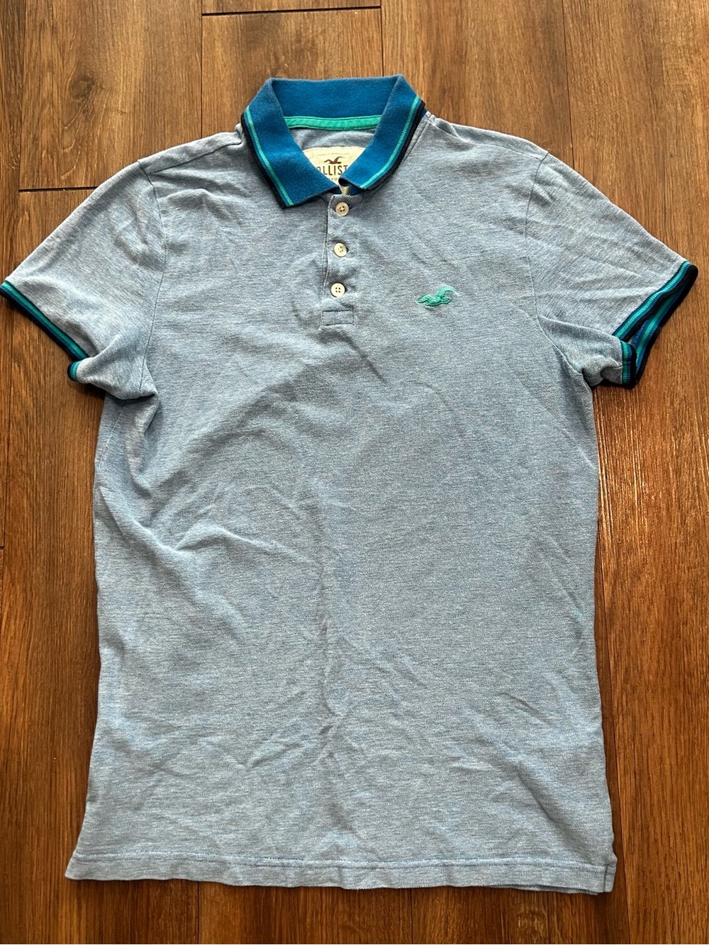 Hollister Y2K Polo Shirt Mens Medium Blue Solid Seagull Logo Cotton Casual Top